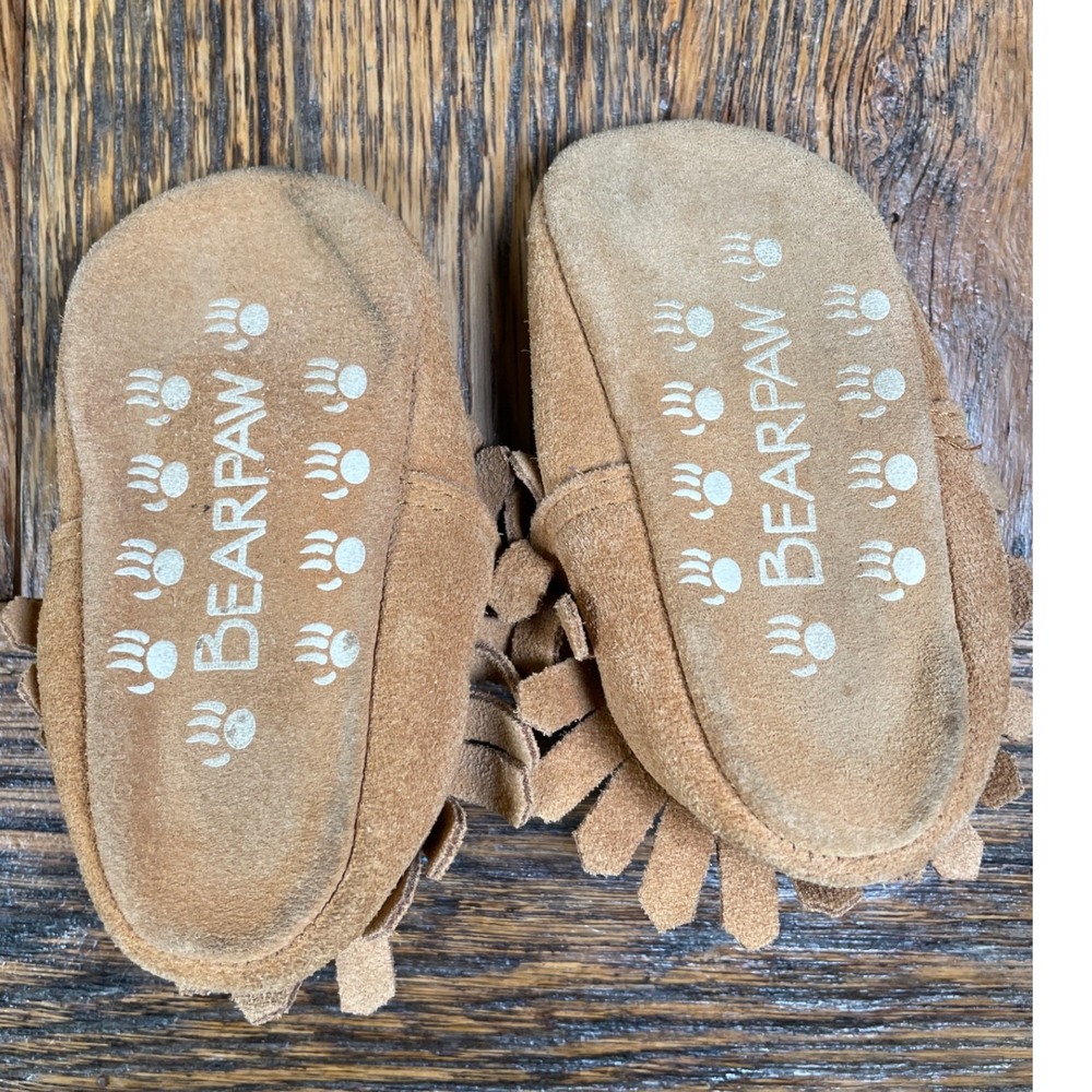 Bearpaw Baby Moccasins Tan Suede Fringe Booties Infant Size 6-12 Months Slip On